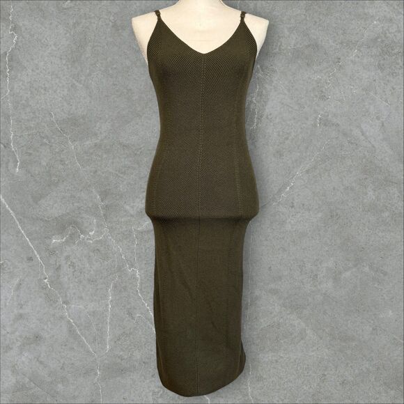 Freshman Maxi Olive Green Long Sweater Knit Sleeveless Bodycon Dress - Small - Picture 1 of 7